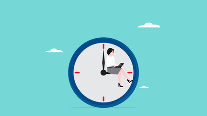 time management, work productivity time, efficiency multitasking with time management, time management to increase work productivity, businesswoman sitting on big wall clock while working with laptop
