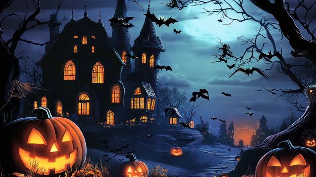 Halloween, pumpkins and dark castle with full moon