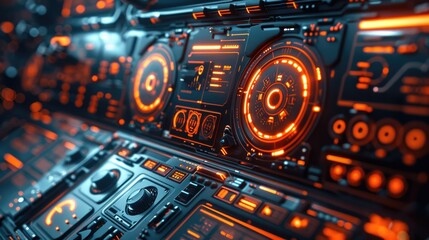 Obraz premium a 3D digital interface, such as a futuristic control panel or dashboard. Use 3D extrusion and perspective tools. Add glowing effects and reflections to enhance the futuristic feel. Generative AI.