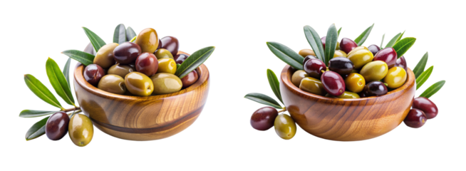 Delicious Olives with Leaves in Wooden Bowl on Transparent Background for Culinary Use
