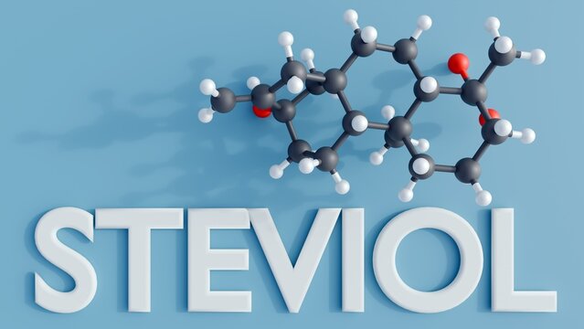 A 3d rendering of letter "STEVIOL" with structure of steviol molecules, the natural sweetener found in stevia plants.