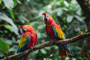 Obraz premium A pair of colorful parrots perched on a tree branch in a dense jungle, detailed feathers, vibrant colors 