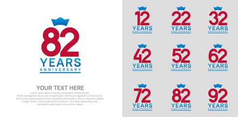 anniversary logotype set. red color and blue crown can be use for celebration event