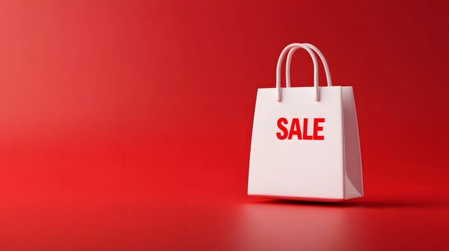 White shopping bag with the word 'SALE' in red on a red background, perfect for retail promotions and discount advertisements.
