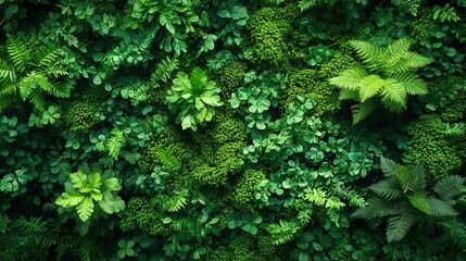 Lush Green Foliage Wall with Ferns and Various Leaf Shapes