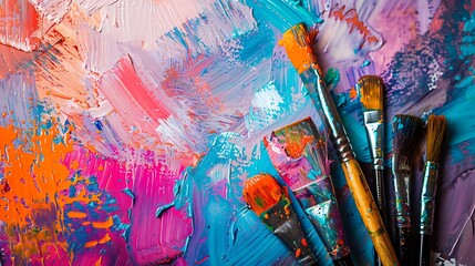 different sized paintbrushes with vibrant paint colors, displayed with a colorful, abstract canvas in the background.