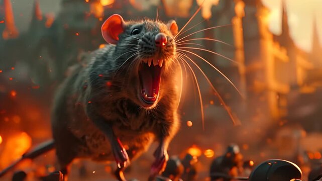 A large rat runs through a fiery landscape evoking a post-apocalyptic scene