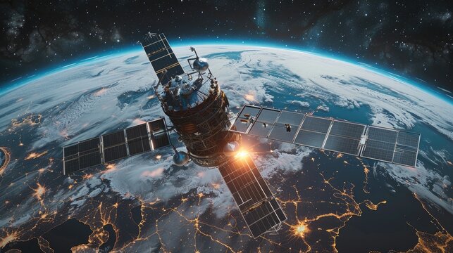 A satellite orbiting the Earth. The satellite, with large solar panels extending from its sides, appears to be in a low Earth orbit. The panels are meticulously crafted. Generative AI.