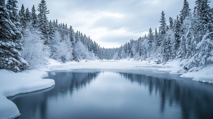 Serene Winter Landscape with Snowy Trees and Frozen Lake