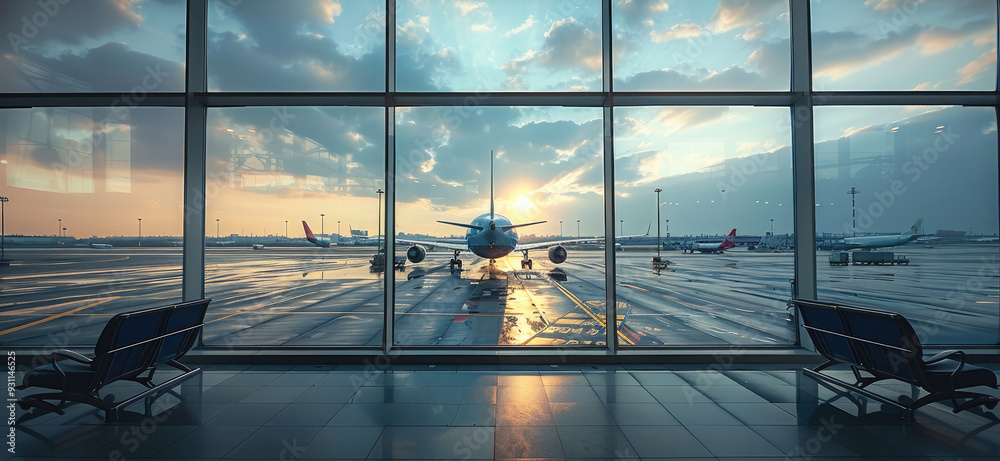 Poster airport terminal glass window with view of airplane. generative ai.
