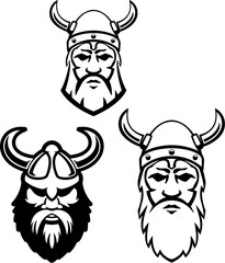 Set of viking warrior head. Design element for emblem, sign, badge. Vector illustration