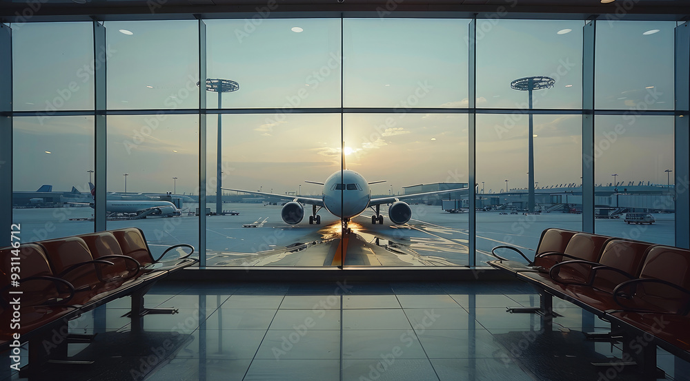 Poster airport terminal glass window with view of airplane. generative ai.