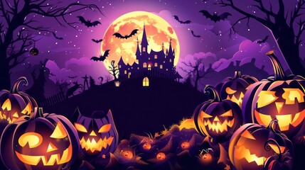 Fototapeta premium Halloween Night With Jack-o'-lanterns