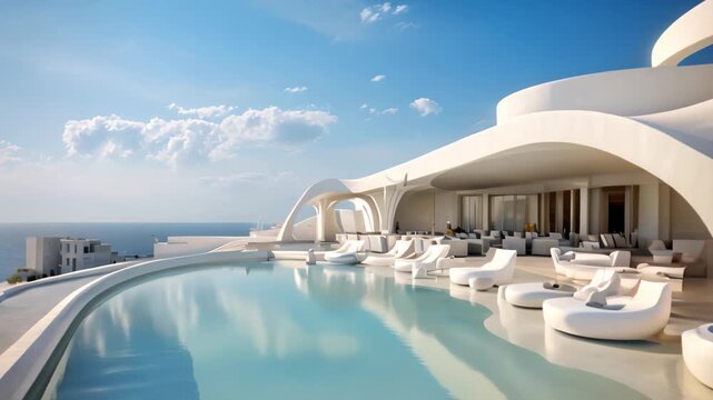 Swimming pool in luxury villa with sea view, 3d render, Sea view, a luxury modern white beach hotel with a swimming pool