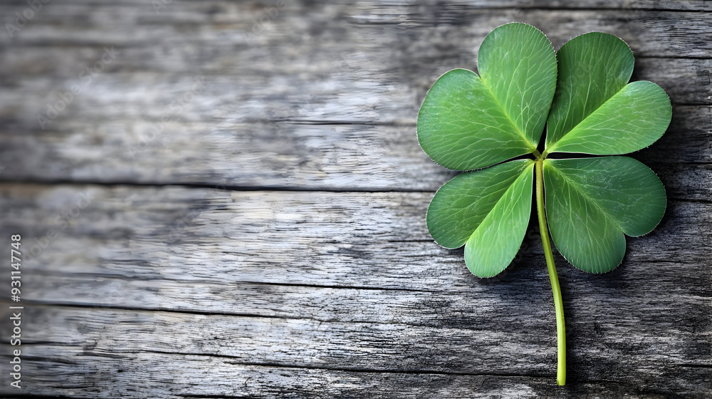 Canvas Prints A green four-leaf clover on a wooden surface.