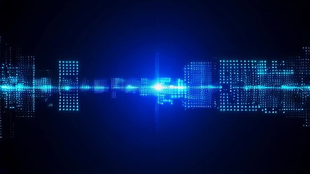 A vibrant abstract animation featuring blue digital patterns and light reflections, conveying a sense of technology and energy.