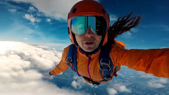 positive happy girl small parachutist in free fall blue sky