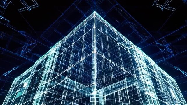 Futuristic 3D building visualization showcasing digital architecture with vibrant blue light and complex grid patterns.