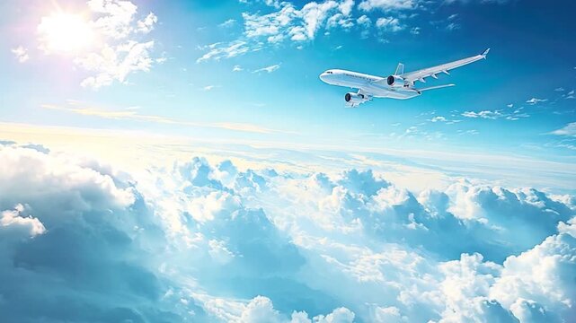 A jet plane flies above the clouds in a clear blue sky.