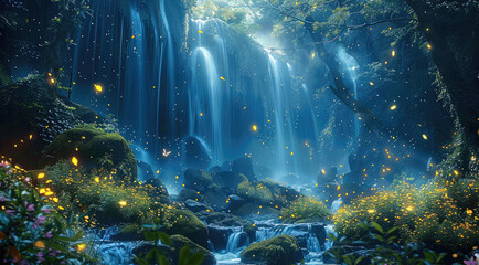 Fototapeta premium Ruins of ancient abandoned city overgrown with jasmine flowers in Cave in the forest with moss covered stones and fireflies and waterfall and blue glowing particles in the air. Generative AI.