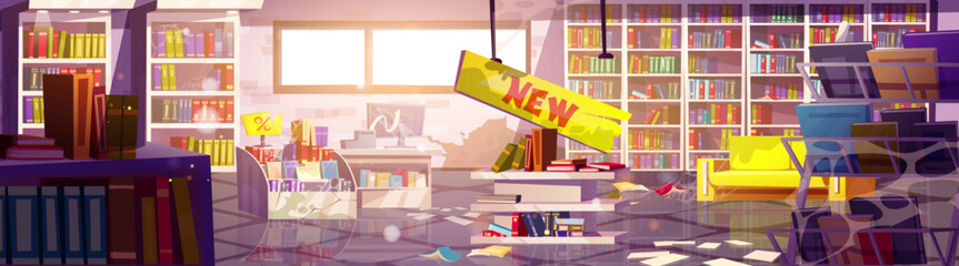 Abandoned bankrupt bookstore interior. Vector cartoon illustration of dusty books and magazines on broken shelves, cobweb on couch, cash register, computer, messy library, publishing business crisis