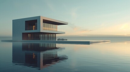 Modern Minimalist House on a Body of Water at Sunset