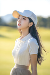wearing a skirt Asian pretty woman standing on the golf course