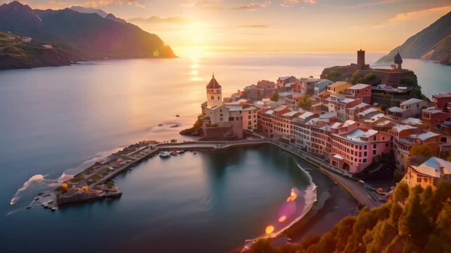 A breathtaking sunset graces the sky, illuminating a small village nestled on the picturesque coast, Vernazza village, Cinque Terre National Park, Italy