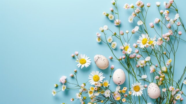 Spring arrival celebration with flowers and eggs on blue background