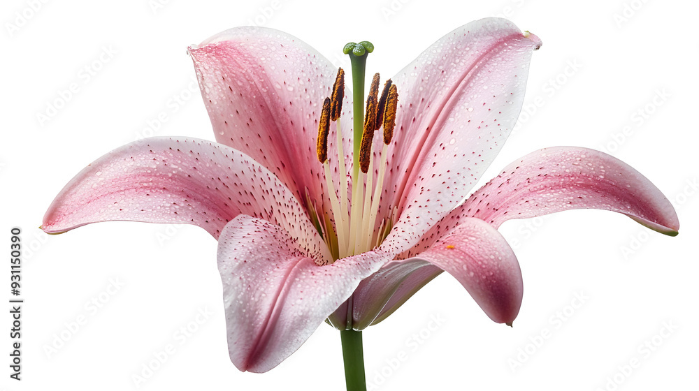 Poster a pink lily flower with water droplets on its petals.