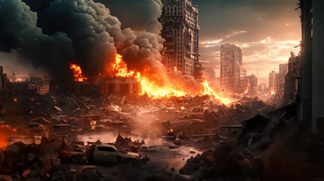 A city lies in ruins as flames and smoke fill the air, creating a scene of utter destruction, War city dangerous disaster, Illustrative apocalypse, destructive building
