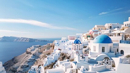 Experience the tranquility of a picturesque blue and white village surrounded by natural beauty, White architecture of Oia village on Santorini island, Greece