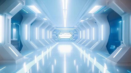 Futuristic blue tunnel corridor with glowing lights, 3d rendering, 3D rendered illustration of an empty illuminated spaceship corridor