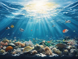 Fototapeta premium nutrient cycling in the ocean with plankton and zooplankton, emphasizing their roles in the marine food chain.