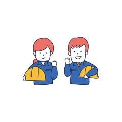 私たちにお任せください！とガッツポーズをする作業服姿の男女2人