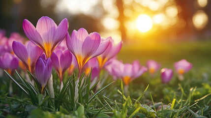 purple crocus flowers basking in sunlight, symbolizing renewal, hope, and the arrival of spring,...