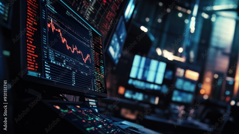 Poster A Computer Monitor Displaying a Stock Market Graph in a Dimly Lit Room