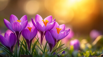 purple crocus flowers basking in sunlight, symbolizing renewal, hope, and the arrival of spring,...