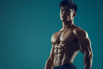 muscular man with a beard stands in front of a blue wall. The man's muscles are visible, and he is posing for a photo. Concept of strength and confidence, as the man's physique is emphasized