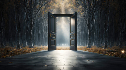 generated illustration of Fantasy door frame in woods door in forest Mystical entrance