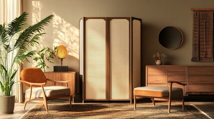 Interior of stylish living room with folding screen, chest of drawers, armchairs and carpet. Generative ai