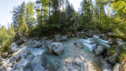 erchtesgaden Zauberwald wild creek water flow with surrounding summer forest scene