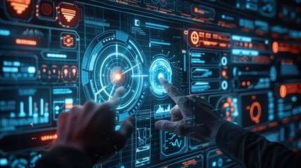 Obraz premium Hands interacting with futuristic, holographic interface, depicting advanced technology, data analysis, and digital innovation in a high-tech environment.