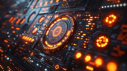 Futuristic digital interface with glowing orange lights and intricate circuit patterns, representing advanced technology and innovation.