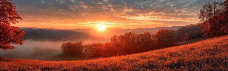 Obraz premium Enchanting Autumn Sunrise Over Mountain Pathway