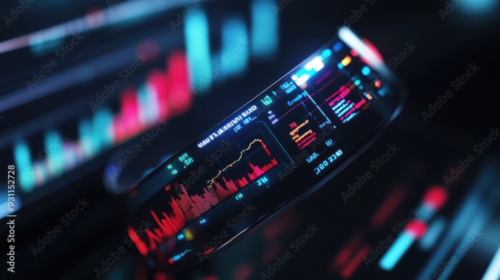 Poster Curved Screen Displaying Financial Data and Charts