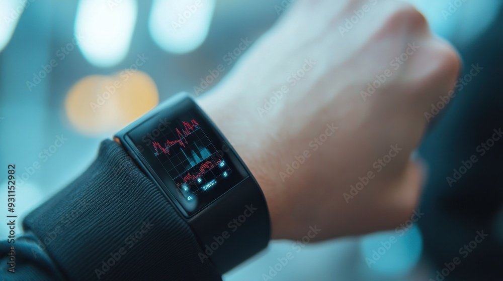 Poster close-up of a person's wrist wearing a smartwatch displaying a graph in red