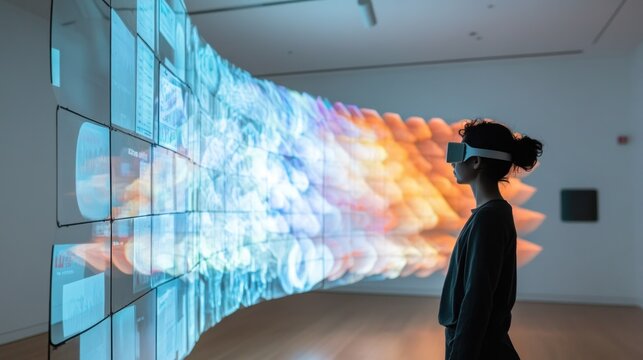 Woman wearing VR headset looking at digital art installation