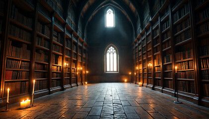 an old, wooden library with bookshelves on either side and a window at the end. The room has a cathedral-like ceiling and is filled with sunlight. There are several flickering candles 
