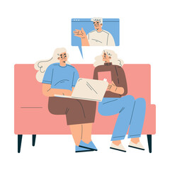 New Technologies with Senior Woman Character at Laptop Have Video Call Vector Illustration